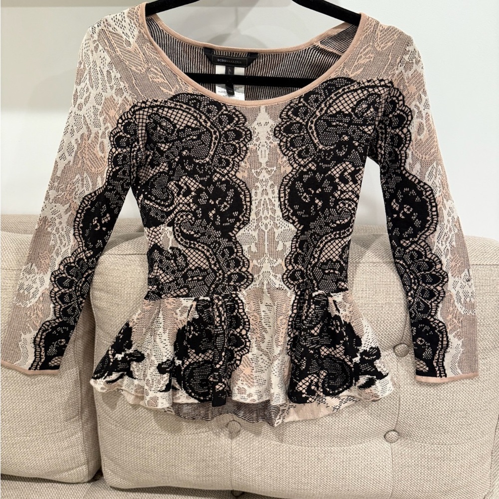 BCBGMaxAzria Lace Peplum Top - Black and Cream